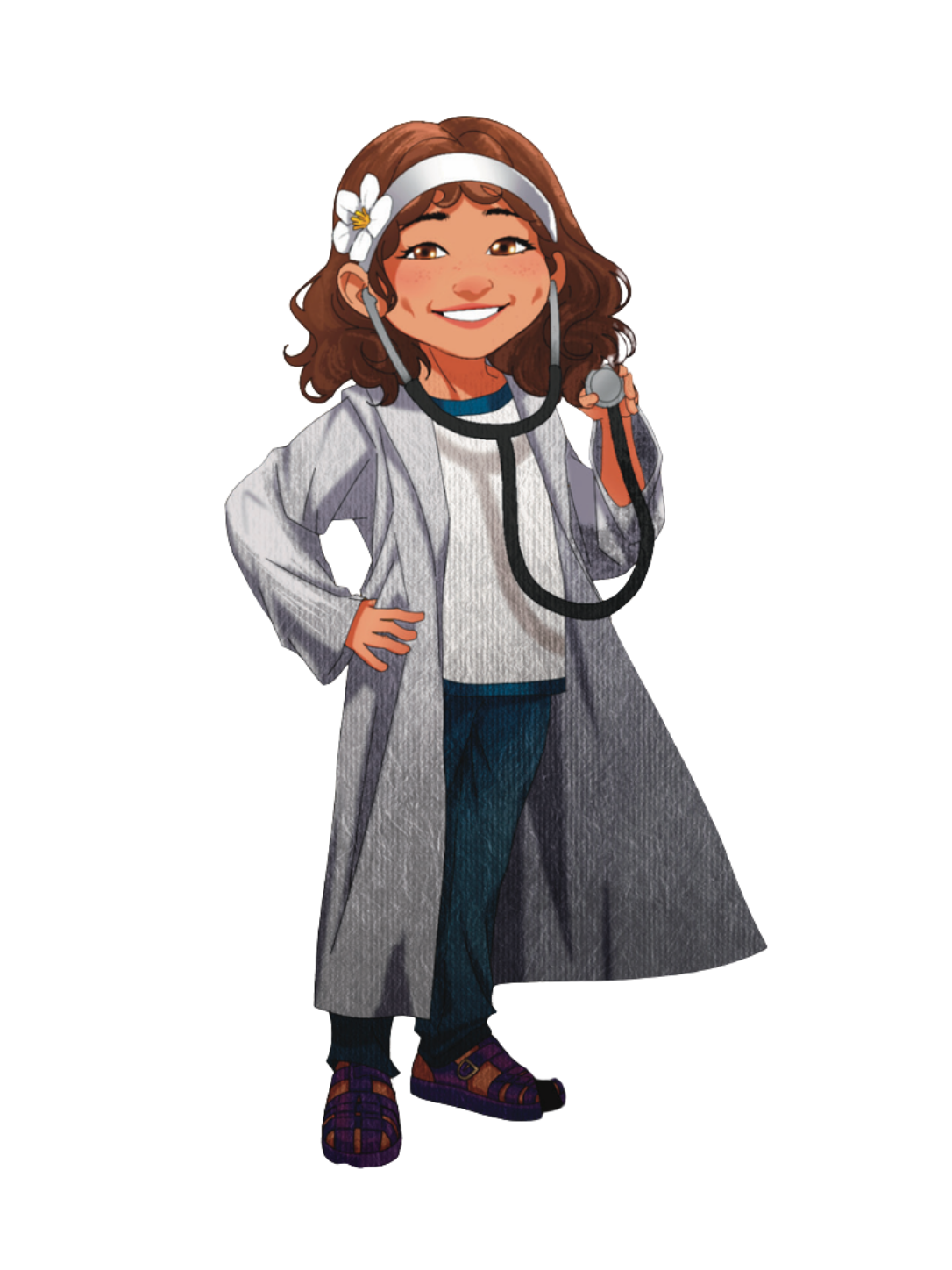 Annette the Vet — a smiling young girl in a white lab coat and daisy headband, holding her magic stethoscope out toward the viewer.