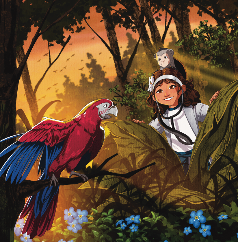 Annette crouched down feeding a fox from her hand, a scarlet macaw on her shoulder.